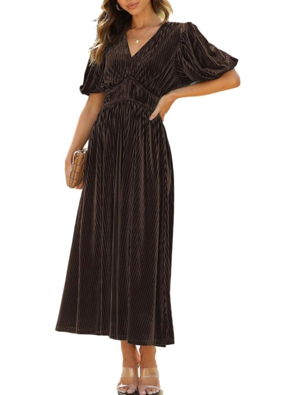 Women's Coffee Velvet Floral For Bridesmades Fall Wedding Guest Maxi Dresses